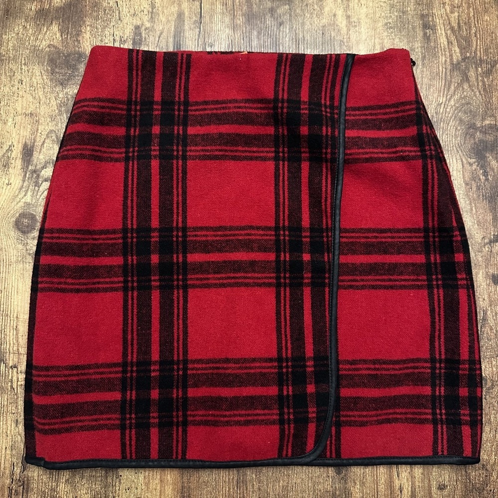 Joe Fresh women's Red Plaid Mini Wrap Skirt with Faux Leather Trim
